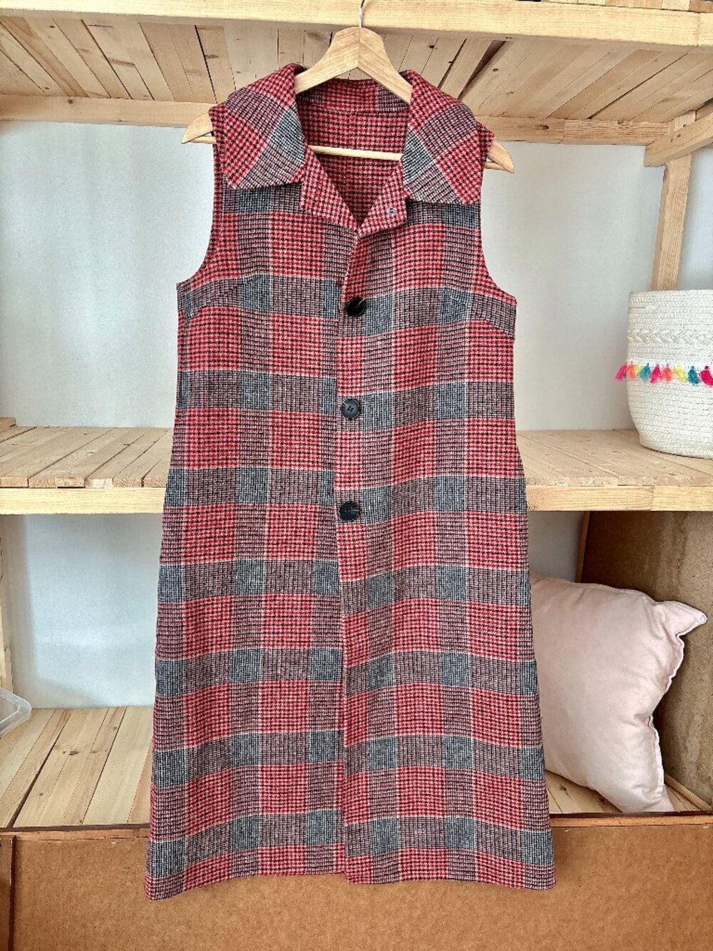 Wool Plaid Tunic Long Vest